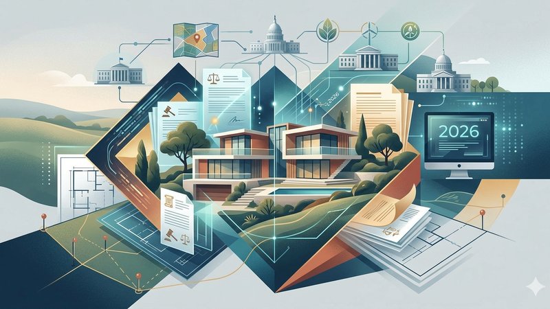 Современная иллюстрация проекта загородной виллы с архитектурными чертежами для статьи о юридических тонкостях строительства
